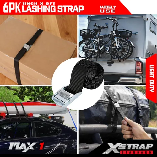 Vista 2 de Xstrap correas de amarre con trinquete (6 unidades, 8 pies 1-pulgada), Negro, XS16006 1000 lb Break Strength 1-inch Powersports Tie Down with
