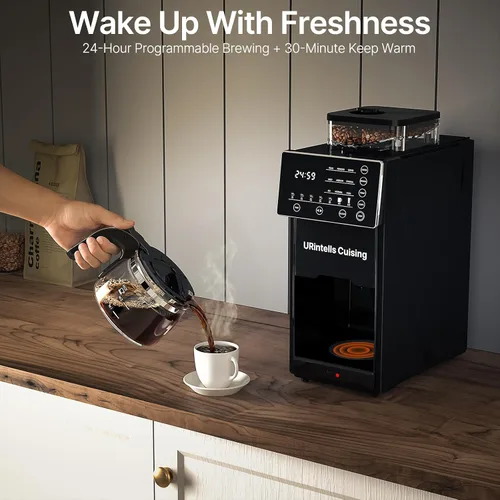 Vista 4 de Cafetera de cocina URintells con molinillo, máquina programable automática Negro mate