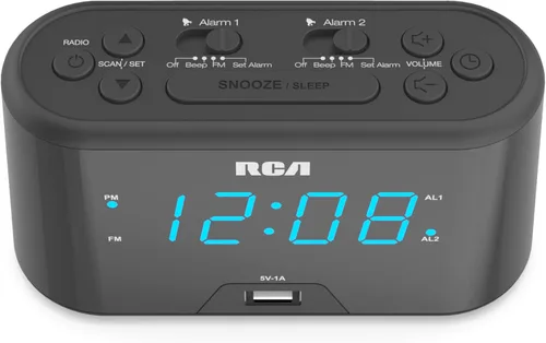Vista 5 de RCA Reloj despertador portátil con sensor automático de luz nocturna, brillo ajustable, pantalla de temperatura interior, calendario completo