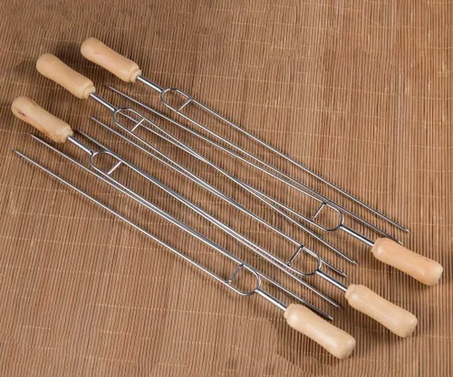 Vista 6 de IMEEA Brochetas de acero inoxidable de doble punta de 15.3 pulgadas para asar brochetas de barbacoa con mango de madera, tenedores reutilizables