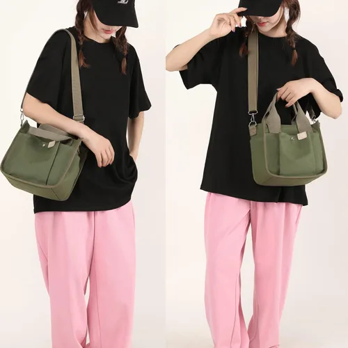 Vista 2 de Pequeña bolsa de lona con bolsillos para mujer, lindo mini bolso cruzado de hombro, bolso casual tipo bolso de mensajero