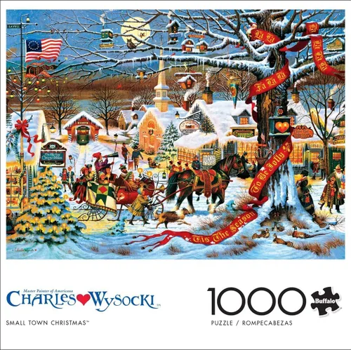 Vista 4 de Rompecabezas de 1000 piezas de Buffalo Games, diseño de Charles Wysocki: pequeño pueblo en Navidad Precision-Cut Pieces with Secure Fit