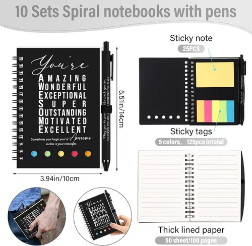 Vista 2 de Jetec 20 piezas/10 juegos de regalo para profesores, cuaderno motivacional en espiral con notas adhesivas, bolígrafo a granel, diarios inspiradores