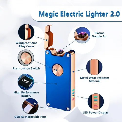 Vista 2 de Encendedor eléctrico, encendedor de plasma de doble arco con indicador de batería LED, recargable, resistente al viento, sin llama, con caja de Azul