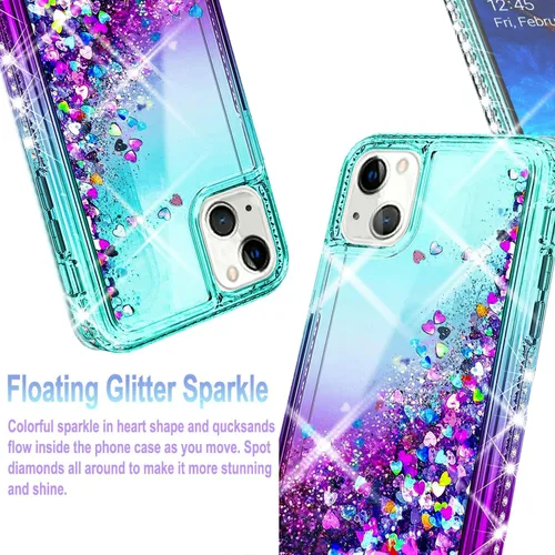 Vista 3 de STARSHOP Funda compatible con iPhone 13, con [protector de pantalla de vidrio templado incluido] Liquid Bling Sparkle Flotante Glitter Quicksand