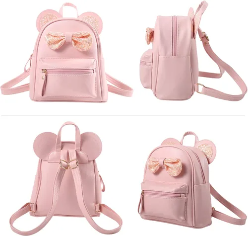Vista 5 de Mini mochila de cuero con lentejuelas y orejas de ratón para niñas, mochila pequeña, regalo para adolescentes y niñas pequeñas, Rosado, Mochilas