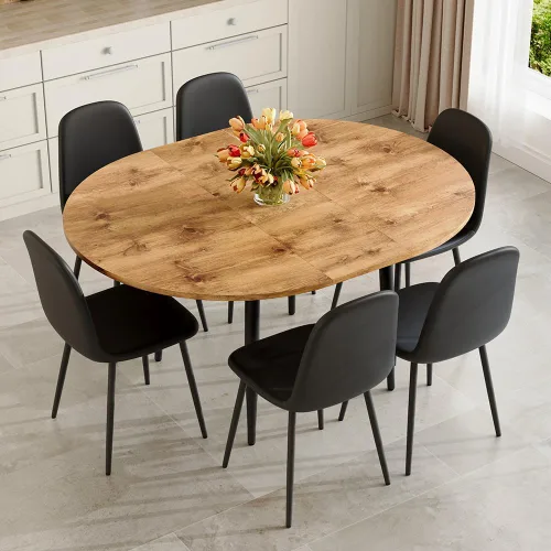 Vista 11 de FURNITO Juego de mesa de comedor de madera para 4, mesa extensible redonda a ovalada de 42 a 54 pulgadas con 4 sillas de tela, juego de comedor 4