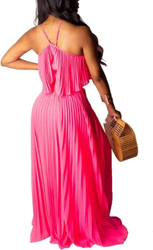 Vista 2 de Aro Lora Vestido largo de gasa sexy sin mangas con volantes para mujer falda larga plisada 2 piezas