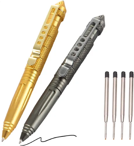Vista 7 de Juego de 2 bolígrafos tácticos militares con 6 repuestos negros para escribir, hechos de acero de tungsteno y aluminio (negro, paquete de 2)