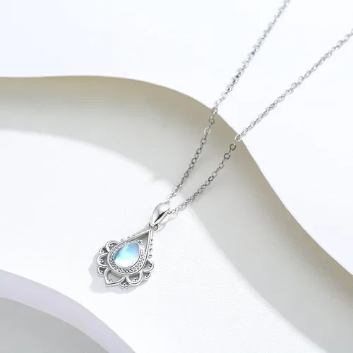 Vista 6 de OHAYOO Lotus Necklace 925 Sterling Silver Lotus Flower Moonstone Opal Pendant Necklace Gift Jewelry for Women