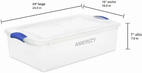 Vista 3 de Contenedor de almacenamiento de plástico para debajo de la cama de 32 cuartos de galón con tapa de pestillo, contenedor apilable transparente