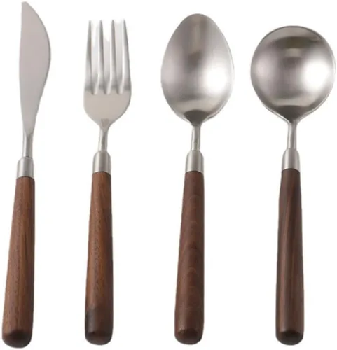 Vista 9 de Cubertería de acero inoxidable con mango de nogal macizo, cubiertos, cuchillos, tenedores, cucharas, cuchillo y tenedor para carne de hotel