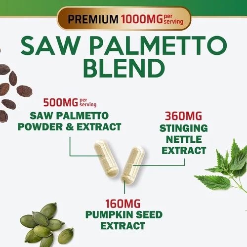 Vista 3 de Saw Palmetto para hombres, suplementos de salud de próstata de fuerza 3 veces para apoyo a la salud masculina, con ortiga picante y extracto