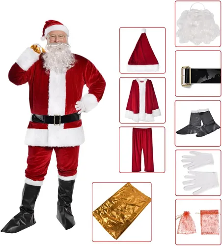 Vista 2 de Trajes de Papá Noel, disfraz clásico de Papá Noel, 9 piezas para hombres adultos, cosplay, vestido de Santa Claus de lujo