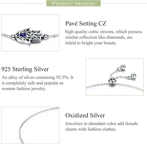 Vista 7 de BISAER Pulsera de mano de Fátima de mal de ojo azul real con dije de plata de ley 925 con cadena de circonita cúbica ajustable para mujer