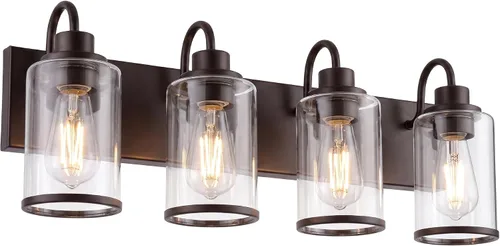 Vista 11 de Beionxii BX-VL01BG-3CG - Lámpara de tocador de baño, 3 lámparas doradas claras con pantalla de cristal transparente, accesorios de iluminación