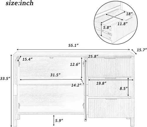 Vista 2 de HY_Modern Wave-Pattern Sideboard with 3 Drawers & 2 Doors - Storage Buffet Cabinet with Adjustable Hooks & Extra Center Leg for Living Room