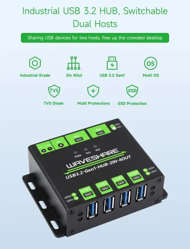 Vista 3 de Waveshare HUB USB de grado industrial, extendiendo 4 puertos USB 3.2, hosts duales conmutables, múltiples protecciones