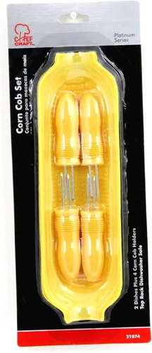 Vista 2 de Chef Craft Seleccione Platos de mazorca de maíz de plástico con soportes, 8.5 pulgadas 2 platos 4 soportes para mazorcas de maíz, amarillo