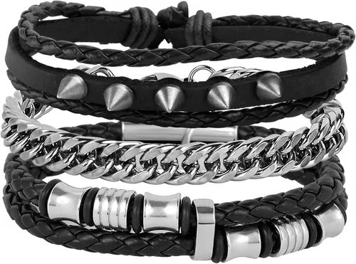 Vista 12 de Eigso Juego de 4 pulseras de cuero punk, con tachuelas de roca para hombres y mujeres, estilo retro, clásico, con pinchos, de metal, para hombre