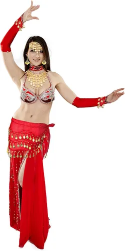 Vista 2 de Disfraz de gitana para mujer, joyería de bailarina del vientre, bufanda de cadera con moneda, tocado gitano, collar y aretes de oro