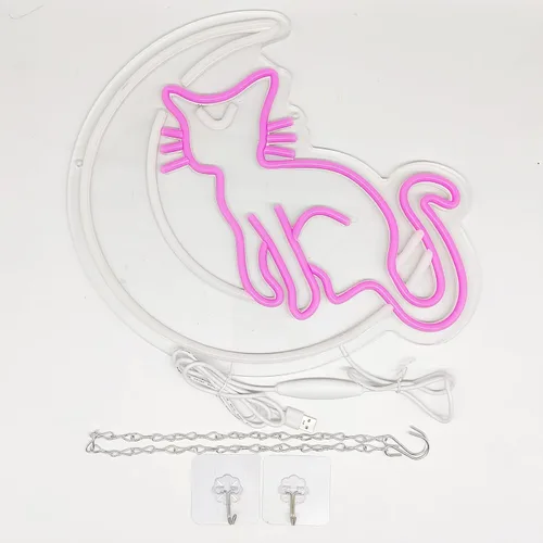 Vista 4 de SmilingTown Letreros de neón rosa y blanco para decoración de pared, funciona con USB, luces decorativas de neón de luna y gato para el hogar
