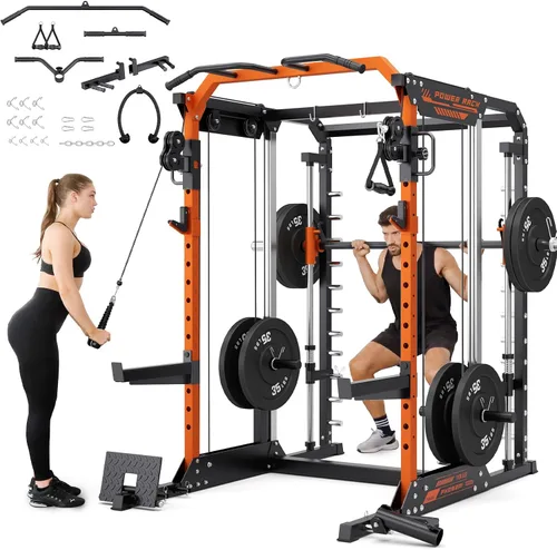 Vista 7 de YOLEO Smith Machine & Squat Rack Combo, Multi-Functional Power Racks with Adjustable Width & Pull-Up Bar, Cable Crossover Power Cage, Independent