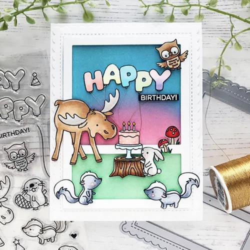 Vista 5 de Hooray Happy BIRTHAY - Juego de sellos y troqueles para hacer tarjetas, sellos transparentes y troqueles de corte de metal para álbumes de recortes