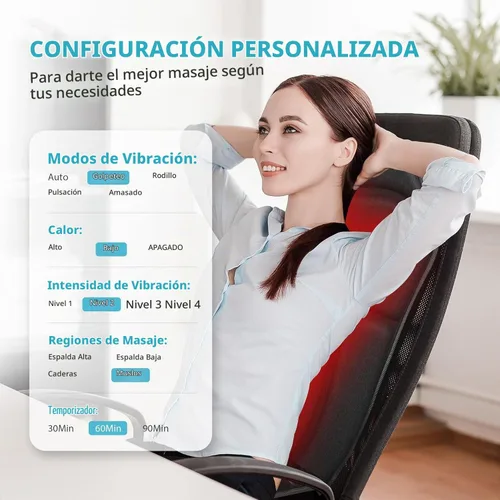 Vista 5 de Almohadilla para silla de masaje de espalda, masajeador de espalda con calor, 5 modos de vibración y 2 niveles de calor, cojín de asiento de masaje