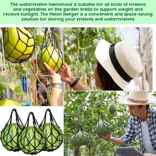 Vista 5 de Nuenen Hamaca de melón de red de sandía, 12 unidades, soporte para plantas y jardín, soporte de calabaza, bolsa colgante protege sandías, melón