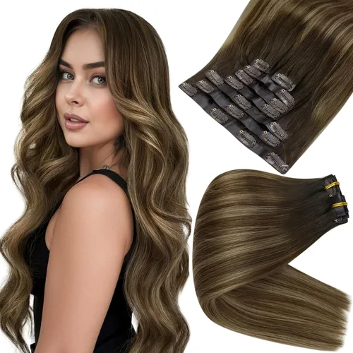 Vista 65 de Full Shine Extensiones de Cabello Rubio con Clip Reflejos Cabello Humano Extensiones con Clip Rubio Ceniza Mezcla Rubio Decolorado PU Extensiones