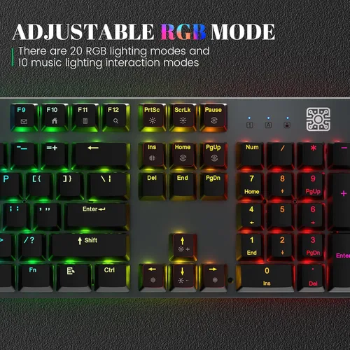 Vista 4 de Black Emblem Teclado mecánico para juegos con interruptores azules clicky, retroiluminación RGB de tamaño completo de 104 teclas teclado programable