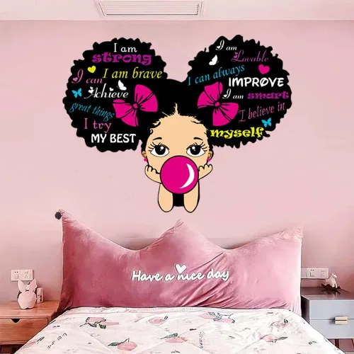 Vista 3 de Calcomanías de pared de niña negra para dormitorio de niñas, calcomanías inspiradoras de pared con citas afroamericanas, calcomanía rosa