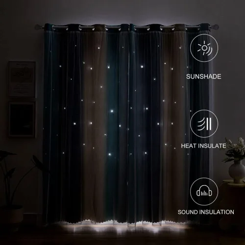 Vista 5 de FANLI Cortinas opacas de arcoíris degradado para dormitorio de niños y niñas, sala de estar, rayas oscuras, doble capa, corte de estrellas