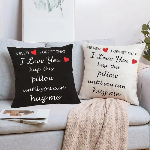 Vista 6 de Funda de almohada decorativa Anrkets con impresión a dos caras para amantes "Abraza esta almohada hasta que puedas abrazarme", de lino y algodón
