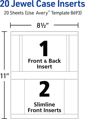 Vista 3 de Avery Insertos imprimibles para CD, blanco mate, compatible con impresoras láser y de inyección de tinta, 20 inserciones estándar y delgadas, ideal