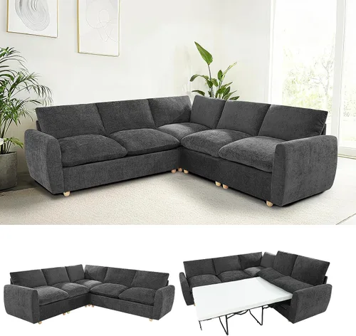 Vista 12 de Sofá extraíble en forma de L con cama cama y otomana de almacenamiento, sofá modular de felpilla para sala de estar, sofá modular en forma de L