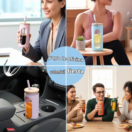 Vista 9 de Sursip - Vaso de vidrio de 20 oz con tapas y popotes, taza de café helado reutilizable de vidrio de borosilicato con tapa de bambú para batido, jugo