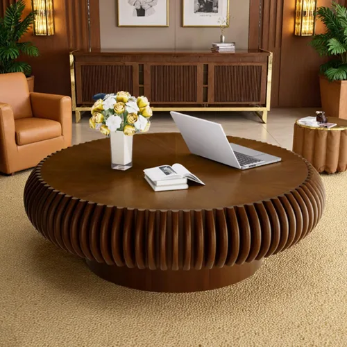 Vista 11 de Mesa de centro redonda de tambor estriado para sala de estar, mesas de centro modernas de mediados de siglo con pedestal resistente, mesa de té negro
