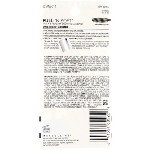 Vista 5 de Máscara a prueba de agua, Full'N soft de Maybelline, muy Negro [311], 0.28 onzas