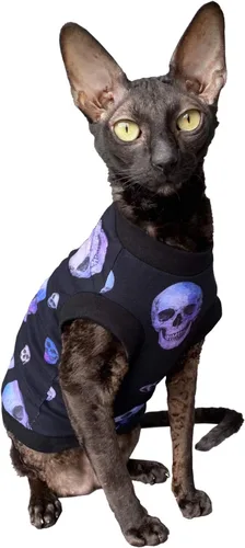 Vista 5 de Hairless Cat - Camiseta elástica de algodón con calaveras moradas para gatos Sphynx (L)