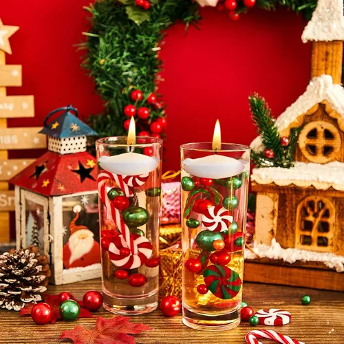 Vista 6 de 124 piezas de perlas de relleno de jarrón de Navidad para relleno de florero, decoración de mesa de Navidad, centro de mesa con 8 velas flotantes
