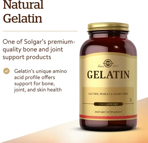 Vista 3 de Solgar Gelatina 1680 mg, 250 cápsulas – Gelatina natural – Apoya la salud de los huesos, las articulaciones y la piel – Sin gluten, sin lácteos – 83