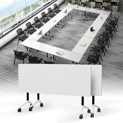 Vista 34 de Mesa de conferencias plegable, mesa modular moderna para sala de conferencias con ruedas para 8-16 personas, mesas de entrenamiento plegables
