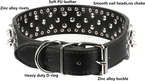 Vista 3 de PU - Collar para perro de piel sintética ajustable de 2.0 in, tachonado con clavos, Negro Collar de protección ajustable para el cuello