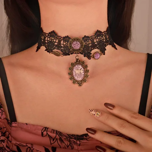 Vista 2 de Elegante gótico gótico steampunk encaje negro camafeo púrpura flor colgante victoriano tatuaje gargantilla dama camafeo collar para mujeres niñas