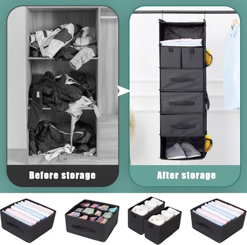 Vista 8 de Organizador de armario colgante de 6 estantes con 5 cajones, almacenamiento no tejido, negro Spacious compartments sort clothes & undergarments