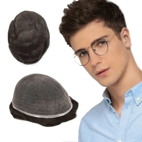 Vista 10 de Toupee para hombres Piezas de cabello humano real, encaje francés completo para hombres, pieza de cabello, nudos blanqueados, línea capilar natural