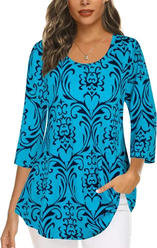 Vista 15 de Tencole Camisas de manga 3/4 para mujer Blusas tipo túnica elegantes Ropa casual con floral Aguamarina Beige