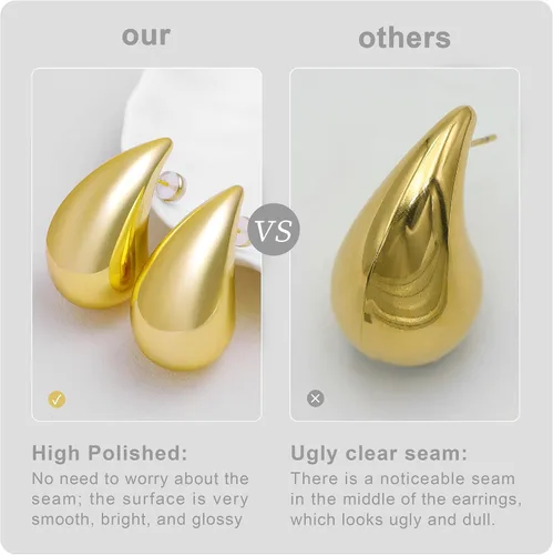 Vista 4 de Aretes de aro gruesos de oro para mujer, aretes ligeros de lágrima de plata de ley 925, aretes grandes chapados en oro, aretes de gota de agua